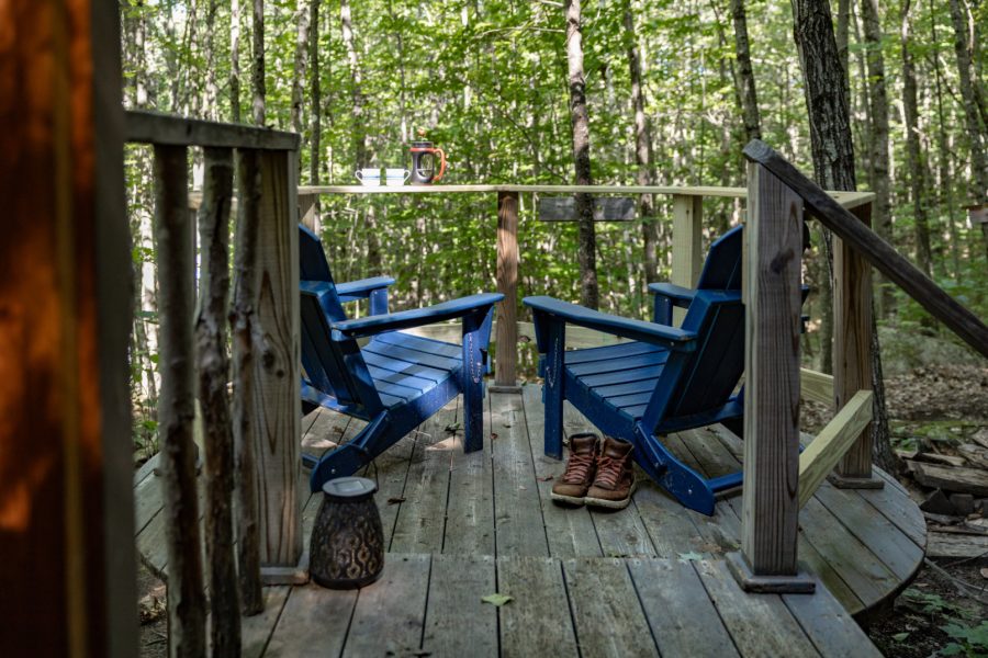 porch with boots and coffee